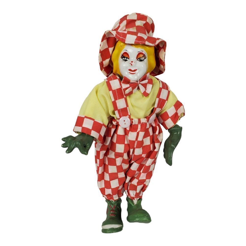 Clown Doll with Hat 9" Figurine Green Hands And Feet Red Checkered Overalls